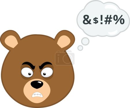 illustration vectorielle visage ours brun grizzli dessin animé, expression en colère avec une pensée nuageuse et un texte insultant
