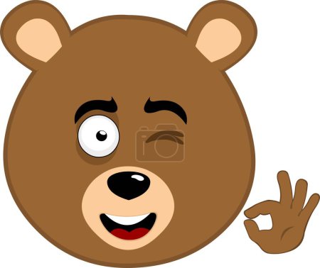 vector illustration face brown bear grizzly cartoon, winking eye and with his hand making an ok or perfect gesture