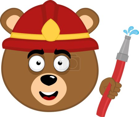 illustration vectorielle visage ours brun grizzli dessin animé, avec un casque de pompier, un tuyau à la main et goutte d'eau
