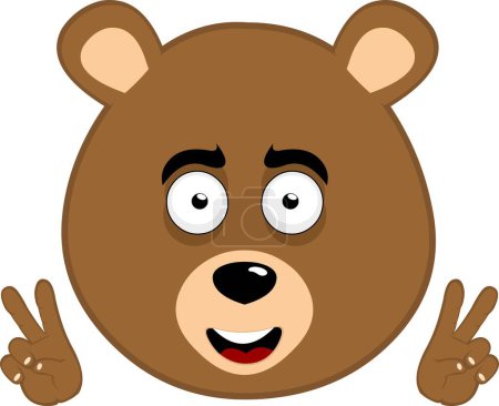 vector illustration face brown bear grizzly cartoon, with hands making the classic gesture of love and peace or v victory
