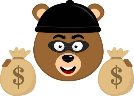 vector ilustración cara oso marrón dibujo animado grizzly, con un sombrero de ladrón y máscara, sosteniendo bolsas de dinero con sus manos