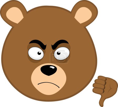 ilustración vectorial cara oso marrón dibujo animado grizzly, con el pulgar apuntando hacia abajo en concepto de no aprobado o no me gusta