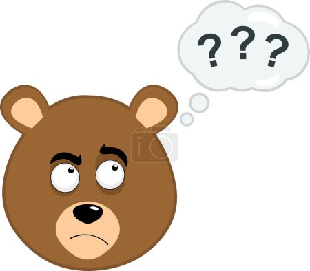 Vektor Illustration Gesicht Braunbär Grizzly Karikatur, mit einem zweifelnden oder nachdenklichen Ausdruck und einer Gedankenwolke mit Frage