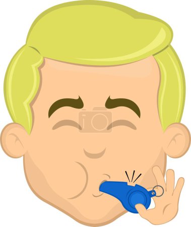 vector illustration face man cartoon blonde eyes, with his mouth blowing a whistle