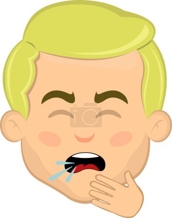 Vektor Illustration Gesicht Mann Karikatur Blondine, Husten mit der Hand in den Mund