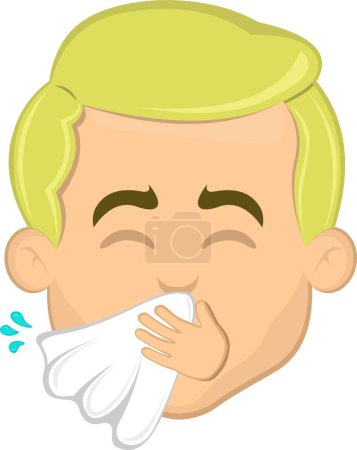 Vektor Illustration Gesicht Mann Karikatur Blonde Augen Niesen mit einem Taschentuch Nase