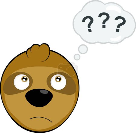 vector illustration face bear sloth character animal cartoon, with a doubtful or thinking expression and a thought cloud with question marks