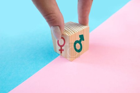 Geschlechtergleichheit und Unterschiede. konzeptionelles Bild, Holzwürfel mit männlichen und weiblichen Symbolen. blau-rosa Hintergrund.