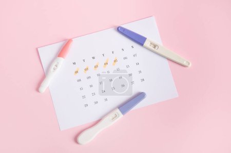 Téléchargez les photos : Flat lay kits de test de grossesse jet d'encre sur un calendrier blanc avec des dates marquées dans la dernière menstruation, fond rose. Calcul du jour de l'ovulation. Planification de la maternité. Gynécologie et santé des femmes concept - en image libre de droit