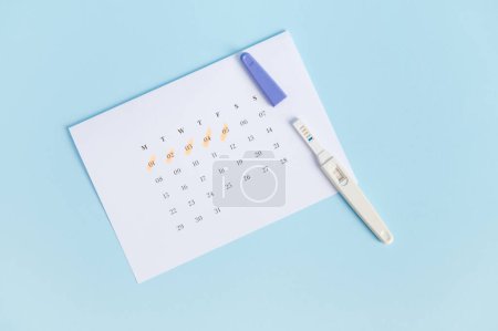 Téléchargez les photos : Vue du dessus du test de grossesse avec deux barres sur le calendrier blanc avec les derniers jours de menstruation marqués, isolé sur fond bleu. Le concept de calcul de l'ovulation, de la planification et du diagnostic grossesse - en image libre de droit