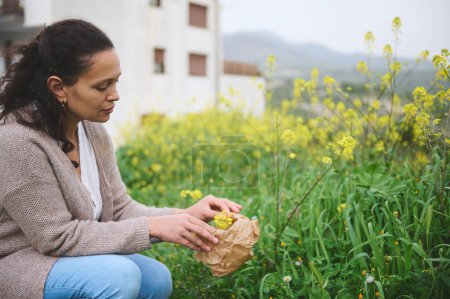 Foto de Mujer joven multiétnica segura recogiendo hierbas y plantas curativas para uso médico, recogiendo flores en una bolsa de papel en la naturaleza. El concepto de medicina herbal, fitoterapia y naturopatía - Imagen libre de derechos