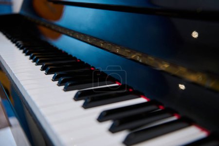 Macro shot of ebony and ivory keys of vintage black piano keys. White and black keyboard of pianoforte. Grand piano. Copy advertising space for text