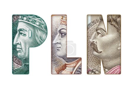 Foto de Inscription PLN text made of Polish Banknotes, currency symbol concept, isolated on white background. - Imagen libre de derechos