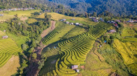 Photo for Aerial view at Pa Pong Piang Rice Terraces with homestay on mountain, Mae Chaem, Chiang Mai, Northern of Thailand, agricultural and deforestation concept - Royalty Free Image