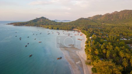 Aerial view of koh Mook with beautiful sky on morning, at Trang, Thailand. It is a small idyllic island in the Andaman Sea in the south of Thailand.