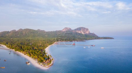 aerial view of koh mook in morning. It is a small idyllic island in the Andaman Sea in the south of Thailand. Much of the island consists of deep jungle and intact nature