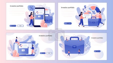 Illustration for Investment portfolio. Tiny people planning invest strategy, savings and budgets. Diversified assets. Screen template for landing page, template, ui, web, mobile app, poster, banner, flyer. Vector - Royalty Free Image