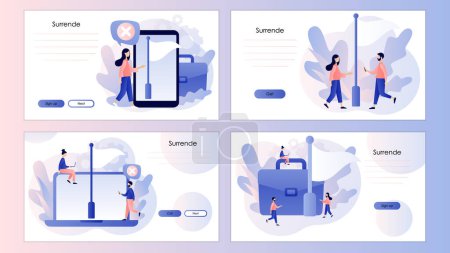 Illustration for White flag. Give up or surrender metaphor. Business concept. Tiny people surrendering or giving up. Screen template for landing page, template, ui, web, mobile app, poster, banner, flyer. Vector - Royalty Free Image
