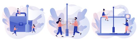 Illustration for White flag. Give up or surrender metaphor. Business concept. Tiny people surrendering or giving up on work and business. Modern flat cartoon style. Vector illustration - Royalty Free Image