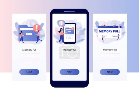 Illustration for Memory space full notification. Cleaning mobile phone or computer memory or storage. Folder full. Screen template for mobile, smartphone app. Modern flat cartoon style. Vector - Royalty Free Image