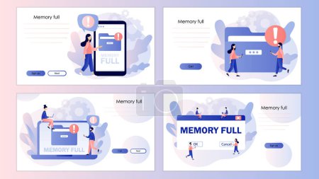 Illustration for Memory space full notification. Cleaning mobile phone or computer memory or storage. Folder full. Screen template for landing page, template, ui, web, mobile app, poster, banner, flyer. Vector - Royalty Free Image