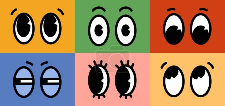 Téléchargez les illustrations : Personnage de bande dessinée rétro yeux comiques émotions fixées sur des fonds colorés. Illustration vectorielle sur fond coloré - en licence libre de droit