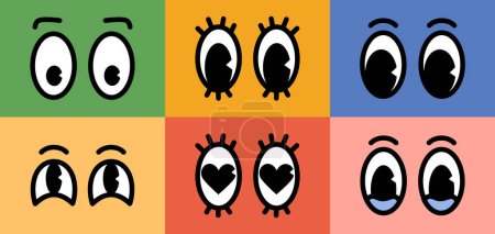 Téléchargez les illustrations : Personnage de bande dessinée rétro yeux comiques émotions fixées sur des fonds colorés. Illustration vectorielle sur fond coloré - en licence libre de droit