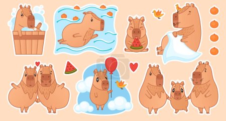 Illustration for Cute capybaras family cartoon sticker set. Funny capibara characters bathing, swim in water, eats watermelon, sleepping, relaxing, love, dancing, fly holding balloon. Vector - Royalty Free Image