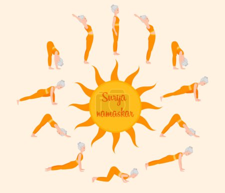 Illustration for Set of yoga exercise Sun Salutation, Surya Namaskar. Elderly woman in different yoga asanas. Healthy lifestyle. Flat cartoon character. Vector - Royalty Free Image