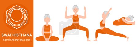 Illustration for Sacral Chakra Yoga poses. Elderly woman practicing Swadhisthana Chakra Yoga asana. Healthy lifestyle. Flat cartoon character. Vector illustration on white background - Royalty Free Image
