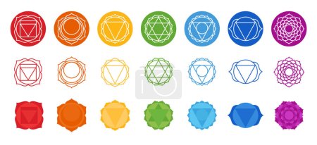 Illustration for Symbols of the seven chakras for yoga, meditation and spa center. Set of mystical and esoteric icons. Sahasrara, Ajna, Vishudha, Anahata, Manipura, Swadhisthana, Muladhara. Vector illustration on - Royalty Free Image