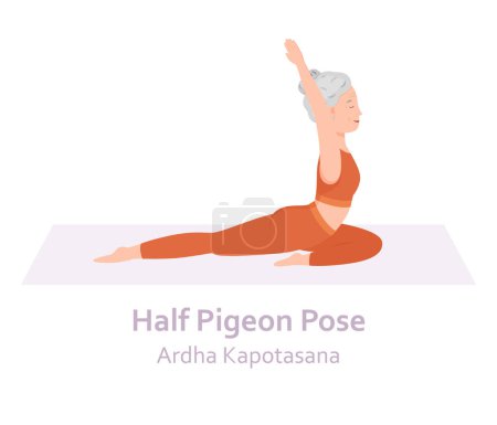 Illustration for Half Pigeon Yoga pose. Ardha Kapotasana. Elderly woman practicing yoga asana. Healthy lifestyle. Flat cartoon character. Vector illustration - Royalty Free Image