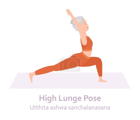 Illustration for High Lunge Yoga pose. Utthita ashwa sanchalanasana. Elderly woman practicing yoga asana. Healthy lifestyle. Flat cartoon character. Vector illustration - Royalty Free Image