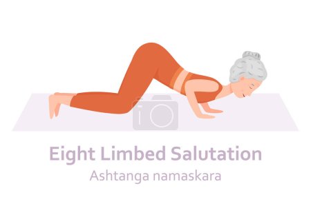 Illustration for Eight Limbed Salutation Yoga pose. Ashtanga namaskara. Elderly woman practicing yoga asana. Healthy lifestyle. Flat cartoon character. Vector illustration - Royalty Free Image
