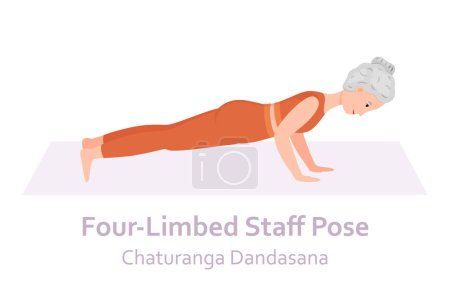 Illustration for Four-Limbed Staff Yoga pose. Chaturanga Dandasana. Elderly woman practicing yoga asana. Healthy lifestyle. Flat cartoon character. Vector illustration - Royalty Free Image