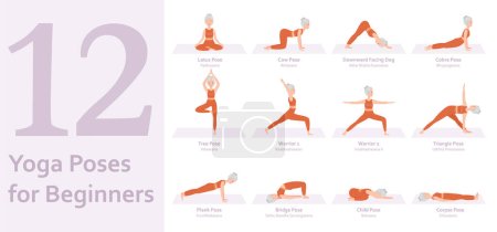 Illustration for Yoga poses for Beginners. Elderly woman practicing yoga asana. Healthy lifestyle. Full body yoga, fitness, aerobic and exercises workout. Flat cartoon character. Vector illustration - Royalty Free Image