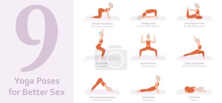 Illustration for Yoga poses for Better sex. Elderly woman practicing yoga asana. Healthy lifestyle. Full body yoga, fitness, aerobic and exercises workout. Flat cartoon character. Vector illustration - Royalty Free Image