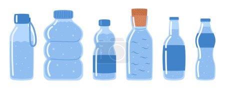 Ilustración de Set de agua. Agua potable en diferentes botellas de plástico y vidrio. H2O. Ilustración vectorial - Imagen libre de derechos