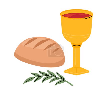 Ilustración de Bowl con vino, pan, icono de la rama de la palma. Símbolo de Pascua. Signo cristiano religioso. Semana Santa. Ilustración vectorial - Imagen libre de derechos