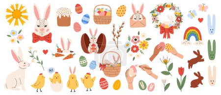 Téléchargez les illustrations : Mignon ensemble de Pâques. Collection printemps avec lapins, fleurs, œufs, poussins, paniers Illustration vectorielle - en licence libre de droit