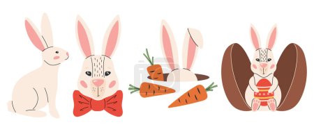 Niedliches Osterhasen-Set. Frühjahrskollektion mit Kaninchen. Vektorillustration