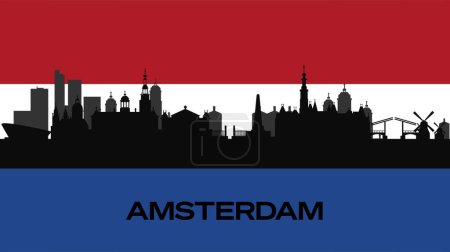 Téléchargez les illustrations : Silhouette des bâtiments importants de la ville sur le drapeau néerlandais. La silhouette des célèbres bâtiments d'Amsterdam. - en licence libre de droit
