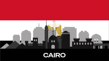 Téléchargez les illustrations : Silhouette de bâtiments importants dans la ville sur le drapeau de l'Egypte. La silhouette vectorielle des célèbres bâtiments du Caire. Photo de stock - en licence libre de droit