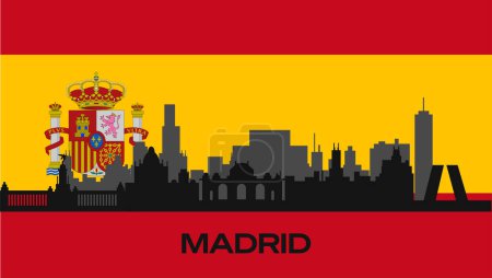 Téléchargez les illustrations : Silhouette de bâtiments importants dans la ville sur le drapeau de l'Espagne. La silhouette vectorielle des célèbres bâtiments de Madrid. Photo de stock - en licence libre de droit