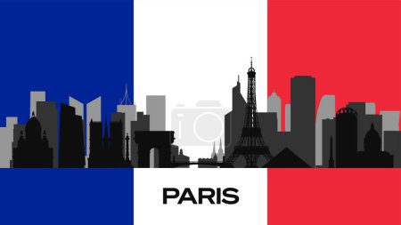 Téléchargez les illustrations : Silhouette des bâtiments importants de la ville sur le drapeau français. La silhouette des célèbres bâtiments de Paris. Photo de stock - en licence libre de droit