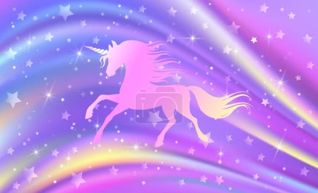 Illustration for Fantasy rainbow purple background in sparkling stars and unicorn for design. Vector illustration for children. - Royalty Free Image