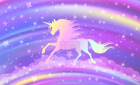 Foto de Fantasía arco iris cielo púrpura en estrellas brillantes y unicornio para el diseño. Ilustración vectorial para niños. - Imagen libre de derechos