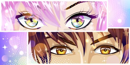 Illustration for Look of a young man and a eye of a young girl. Manga page illustration. Vector image in manga and anime style. - Royalty Free Image