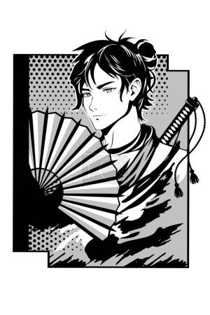 Illustration for Young man in a kimono holds a fan in the style of manga and anime. Vector image. The vector image is separated from the background. - Royalty Free Image