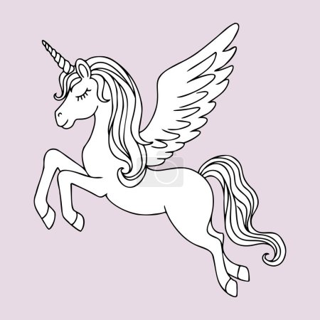 Ilustración de Mano dibujada volando unicornio mágico. La imagen en blanco y negro para colorear se separa del fondo. - Imagen libre de derechos